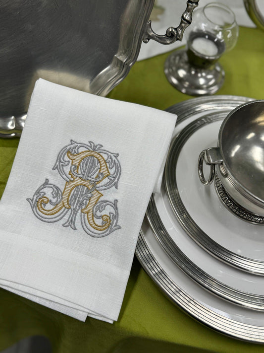 Towel, Vintage Vine Monogram R, White (Gold/Platinum)