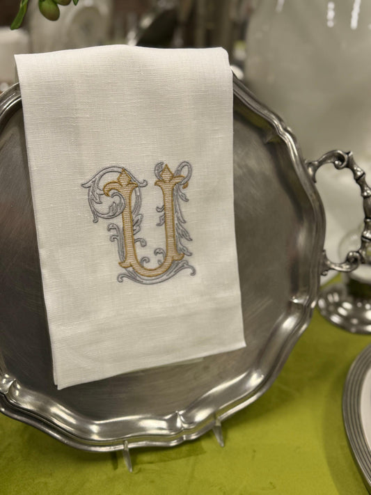 Towel, Vintage Vine Monogram U, White (Gold/Platinum)