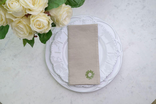 Mini Wreath Washed Linen, Soft Flax (White Berries) Set of 4