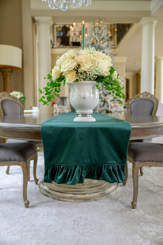 Velvet Forest Green Runner, With Ruffle 90"