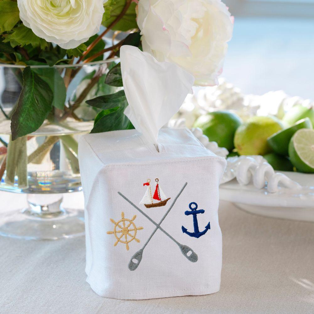 Nautical Crest White Linen Tissue Box Cover - New