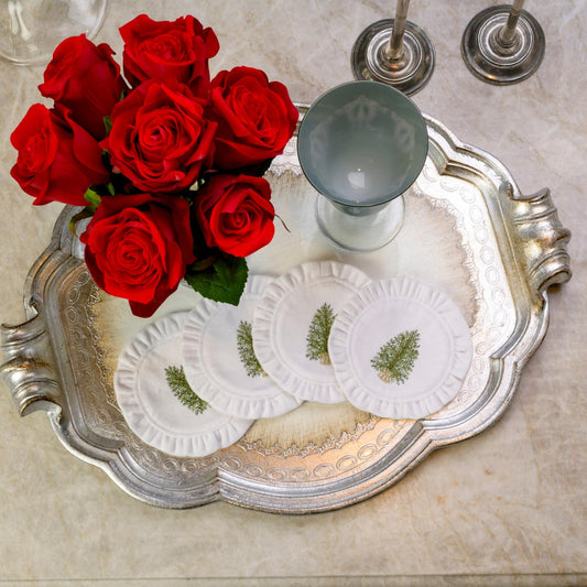 Coaster Set (4) Round Ruffle, Pine Tree, Velvet White